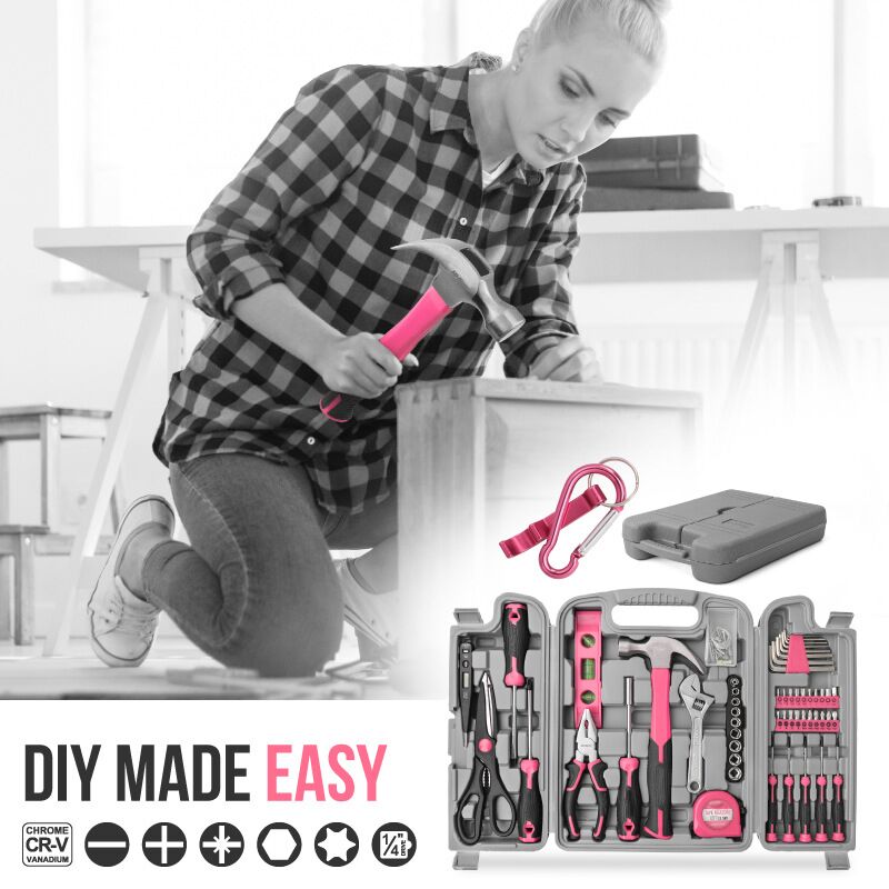 56pcs kit di attrezzi per la casa rosa kit di attrezzi manuali di base per riparazioni set di attrezzi completo per le donne